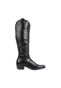 Botas de cowboy de cuero negro con puntera afilada, caña texturizada con costura en zigzag y una cremallera lateral para facilitar su uso.