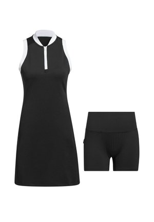 Zwarte mouwloze jurk met een witte kraag en een rits aan de voorkant, gecombineerd met zwarte nauwsluitende shorts. Gladde stof met een ontspannen vorm en minimalistisch ontwerp.