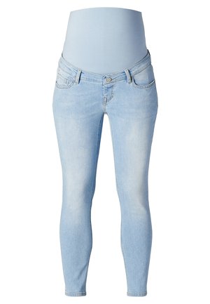 Lystblå graviditetsjeans med en strækbar, højtaljet linning. Har klassisk fem-lomme-design og let slidte denimtekstur.