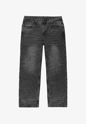 Czarne dżinsy o prostym kroju, z delikatnymi spranimi wzorami, pięcioma kieszeniami oraz klasycznym zapięciem na guziki i zamek błyskawiczny.