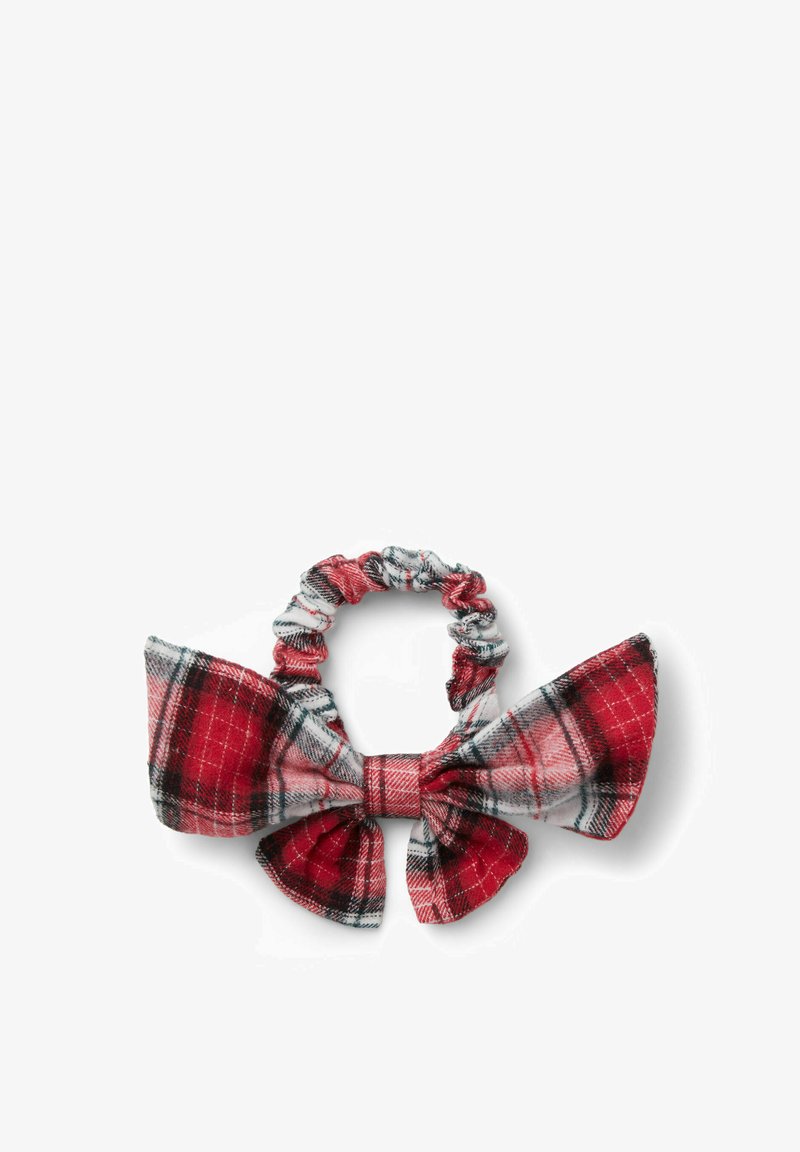 Fascia per capelli in plaid rosso e grigio con un grande fiocco, realizzata in tessuto morbido. Presenta un elastico arricciato e motivi a contrasto.
