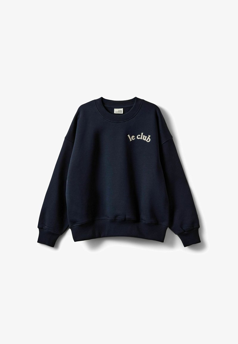 Sweat-shirt bleu foncé à col rond avec poignets et bord-côte, avec le texte "le club" en couleur claire sur le haut gauche de la poitrine.