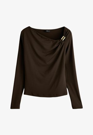 Brown long-sleeve top with a draped neckline, featuring a gold-tone hardware accent on the shoulder and a soft, smooth texture.