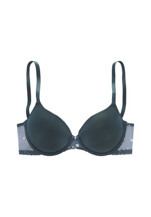 Schwarzer geformter BH mit verstellbaren Trägern und floralen Spitzen-Mesh-Seitenteilen, flach auf weißem Hintergrund gezeigt.