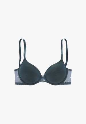 Reggiseno nero con coppe sagomate, spalline regolabili e pannelli laterali in pizzo floreale a rete, mostrato disteso su sfondo bianco.