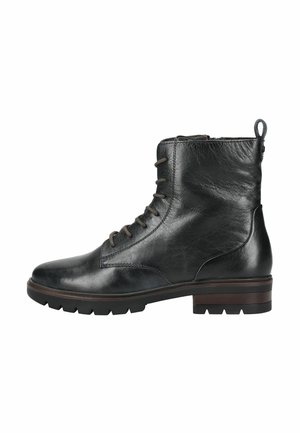 Black leather ankle boot with lace-up front, low stacked heel, rugged sole, and pull tab at the back.