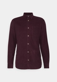 Mörklila mandarinärmad kordflätsad skjorta med knappstängning fram, en bröstficka och klassisk krage på neutral bakgrund.