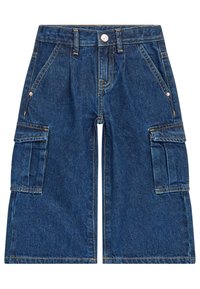 Pantaloni cargo in denim, blu scuro con cuciture gialle, dotati di due tasche cargo laterali, due tasche anteriori e chiusura anteriore con bottone.