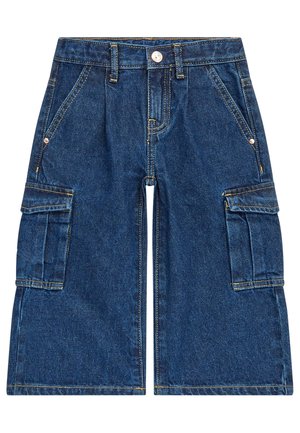 Pantaloni cargo in denim, blu scuro con cuciture gialle, dotati di due tasche cargo laterali, due tasche anteriori e chiusura anteriore con bottone.