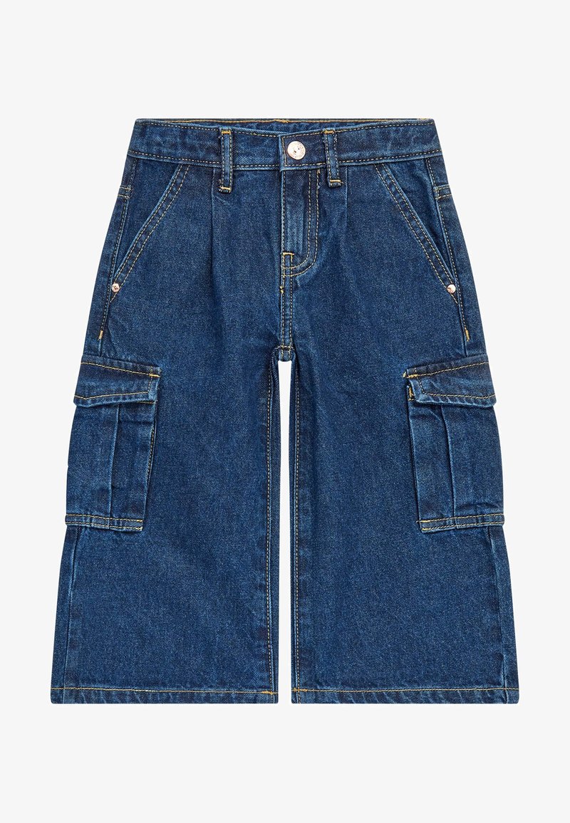 Pantaloni cargo in denim, blu scuro con cuciture gialle, dotati di due tasche cargo laterali, due tasche anteriori e chiusura anteriore con bottone.