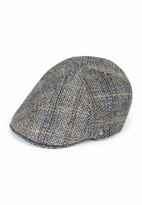Gray houndstooth cap with orange and blue accents. Made of textured wool fabric, featuring a rounded top and a small metal logo badge.