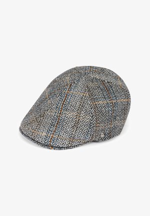 Gray houndstooth cap with orange and blue accents. Made of textured wool fabric, featuring a rounded top and a small metal logo badge.