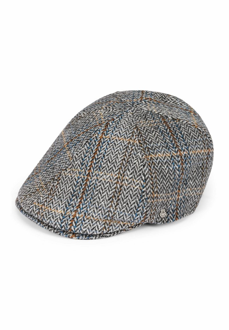 Gray houndstooth cap with orange and blue accents. Made of textured wool fabric, featuring a rounded top and a small metal logo badge.