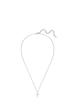 Collar delicado de cadena de plata con un pequeño colgante de cruz adornado con piedras preciosas claras y un extensor ajustable de cierre.