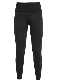 Czarne legginsy wykonane z elastycznego materiału, charakteryzujące się delikatnym teksturowanym wzorem, szerokim pasem w talii oraz siateczkowymi akcentami w okolicach kostek.