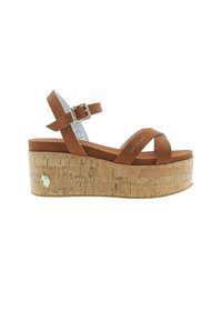 Hnědé kožené platformové sandály s korkovým klínovým podpatkem, křížovými popruhy, nastavovací sponou na kotníku a texturovaným povrchem na podrážce.