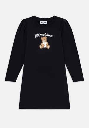 Černé dlouhé rukávy šaty vyrobené z bavlny s kulatým výstřihem, s vyšitým medvědem a stylizovaným bílým nápisem "Moschino".