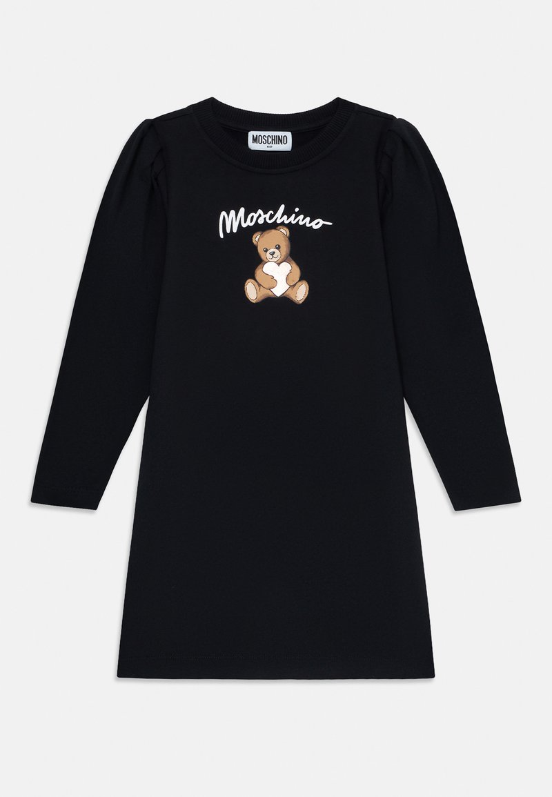 Vestido preto de manga longa feito de algodão, com um decote redondo, apresentando um ursinho bordado e o logótipo "Moschino" em texto branco estilizado.
