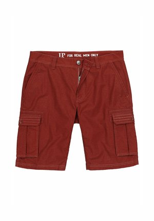 Short cargo rouge rouille avec bouton et braguette, poches latérales, passants de ceinture et poches à rabat sur chaque jambe.
