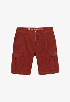Roestrode cargoshorts met knoop en rits, zijzakken, riemlussen en klepzakken op elk been.
