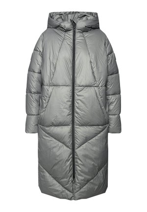 Cappotto imbottito di lunghezza ginocchio in grigio metallico, con cappuccio, chiusura frontale con zip e motivi di cucitura geometrica.