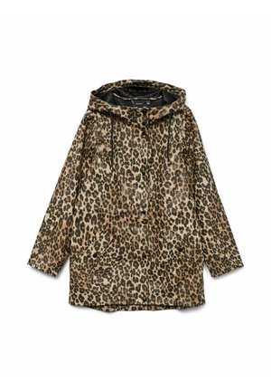 Leopard-print raincoat with a hood, featuring a snap button front, two side pockets, and a relaxed fit. Made of lightweight, water-resistant material.