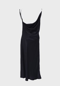 Satin black dress with a draped neckline and thin straps, featuring a flowing silhouette that extends to mid-calf length.
