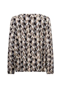 Long-sleeve top in a geometric pattern, featuring shades of beige, grey, black, and light blue. Soft fabric with a relaxed fit.