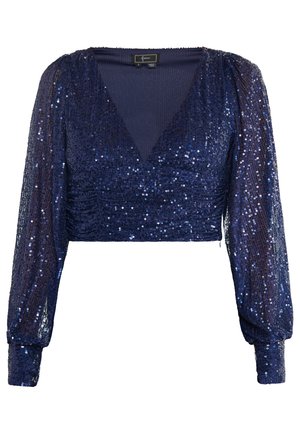 Crop top bleumarin cu mâneci lungi pufoase, acoperit cu paiete, având un decolteu adânc în V și un corp texturat cu detalii plisate.