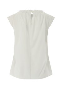 Blusa bianca con maniche a cappuccio, caratterizzata da un colletto arricciato e una chiusura a bottone sul retro. Tessuto liscio con una leggera lucentezza.