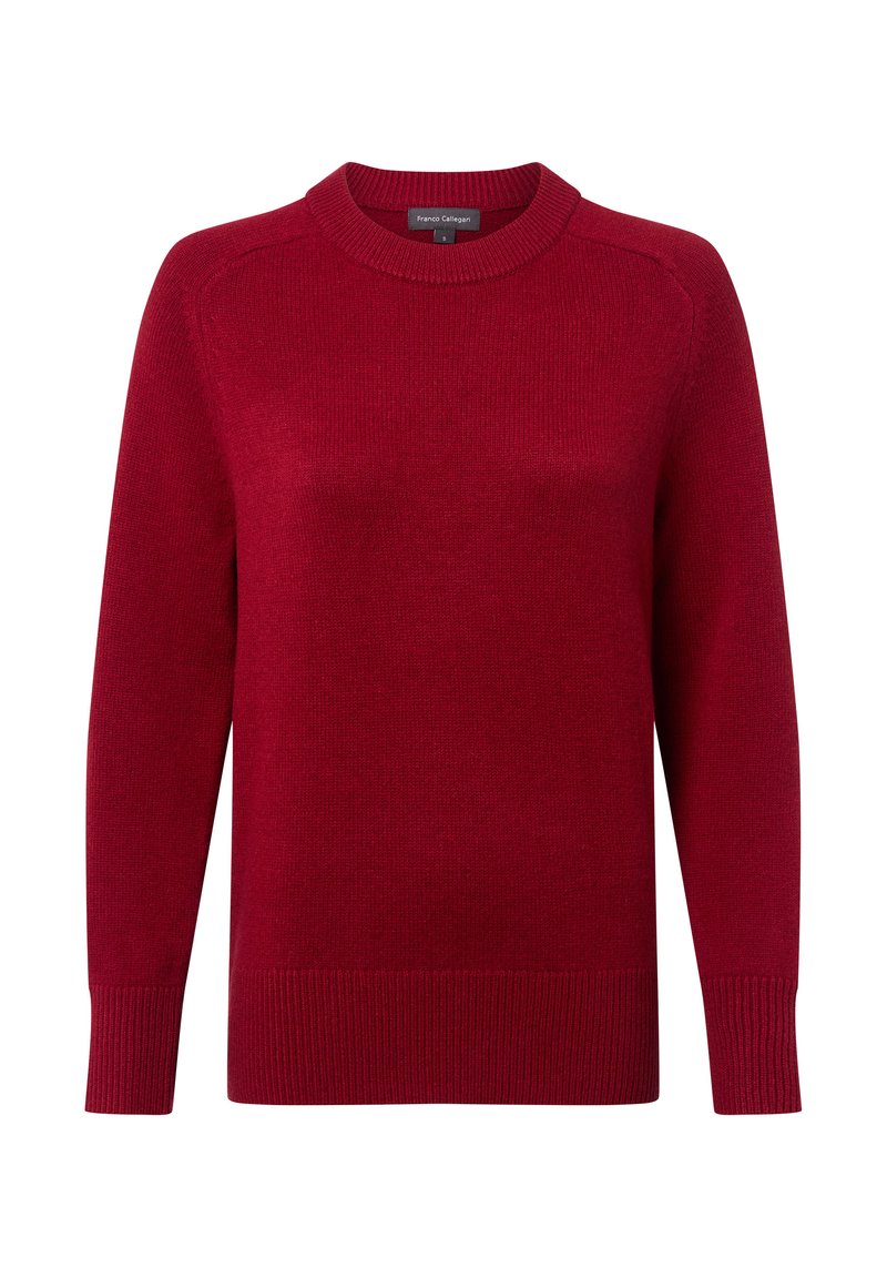 Czerwony sweter robiony na drutach z okrągłym dekoltem, ściągaczowymi mankietami i dołem. Charakteryzuje się gładką teksturą i luźnym krojem. Metka: Franco Calabresi.