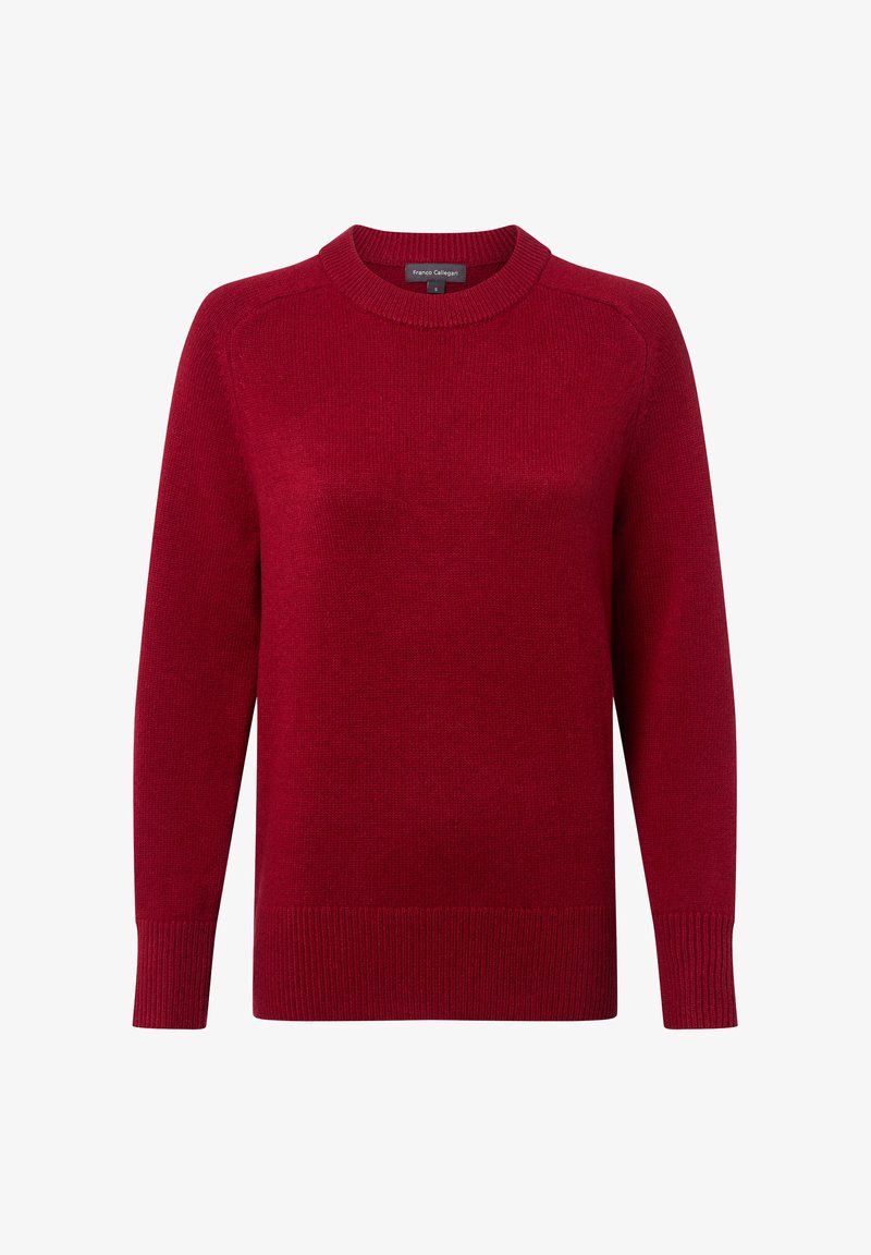 Czerwony sweter robiony na drutach z okrągłym dekoltem, ściągaczowymi mankietami i dołem. Charakteryzuje się gładką teksturą i luźnym krojem. Metka: Franco Calabresi.