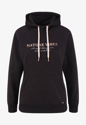 Black hoodie with a front pocket, featuring "NATURE VIBES" in gold and white text. Includes beige drawstrings and ribbed cuffs.