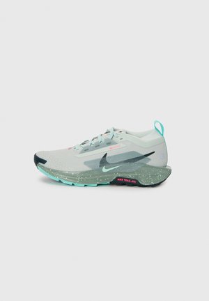 Chaussure de trail running Nike gris clair avec des touches bleu clair, logos noirs et roses, semelle texturée et languette au talon.