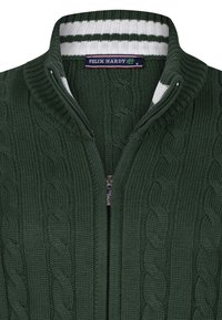 Maglione a maglia cable di colore verde scuro con chiusura a zip. Presenta un colletto alto con dettagli a righe bianche e verdi. Tessuto morbido.