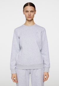 Ljusgrå sweatshirt i mjukt tyg, med ribbade detaljer vid halsringningen och ärmsluten, samt en liten logotyp på framsidan.