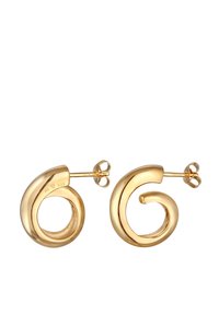 Guldtonede spiral stud øreringe med en glat, skinnende overflade. Hver ørering har en cirkulær åbning og lukkes med en sommerfugleclasp.