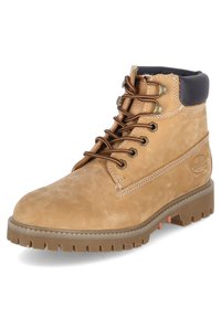 Tan leren wandelschoen met een gevoerde zwarte kraag, bruine veters, metalen oogjes en een gestructureerde rubberen zool met groeven en een lichte hak.