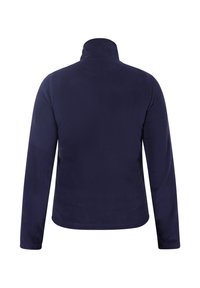 Marineblauwe fleecejas met een hoge kraag en lange mouwen. Glad van textuur, geen zichtbare patronen, ontworpen voor warmte en comfort.