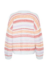 Pull-over rayé dans des couleurs pastel, avec de larges bandes rouges, orange et violettes sur un fond bleu clair, doté de poignets et d'un ourlet côtelés.
