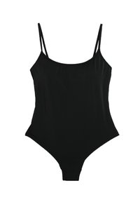 Maillot de bain une pièce noir avec de fines bretelles ajustables, un décolleté en forme de bateau et une texture lisse et extensible. Design minimaliste, sans motifs.