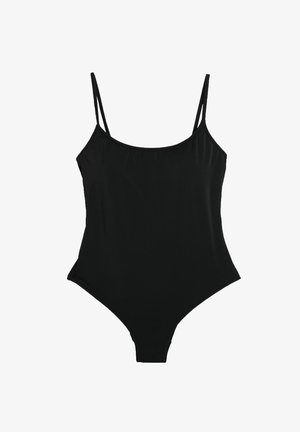 Maillot de bain une pièce noir avec de fines bretelles ajustables, un décolleté en forme de bateau et une texture lisse et extensible. Design minimaliste, sans motifs.