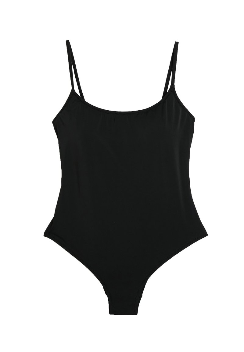 Maillot de bain une pièce noir avec de fines bretelles ajustables, un décolleté en forme de bateau et une texture lisse et extensible. Design minimaliste, sans motifs.