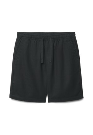 Pantaloncini casual neri con vita elastica, coulisse e tasche laterali, mostrati su uno sfondo bianco.