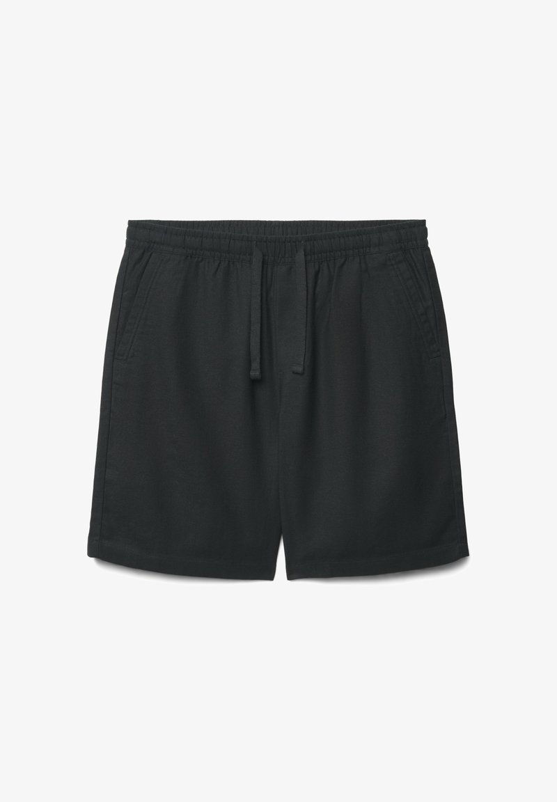 Schwarze Freizeit-Shorts mit elastischem Bund, Kordelzug und Seitentaschen, dargestellt vor weißem Hintergrund.