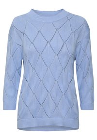 Jasnoniebieski sweter z dzianiny z wzorem w diamenty, z wycięciami i okrągłym dekoltem. Długie rękawy z ściągaczami przy mankietach i u dołu.