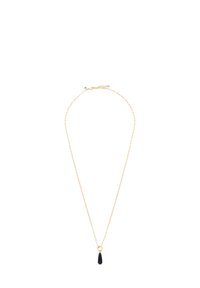 Goldfarbene Kettenhalskette mit einem einzelnen schwarzen Tropfenanhänger, glatter Textur und einem zarten Gliederdesign mit verstellbarem Verschluss.