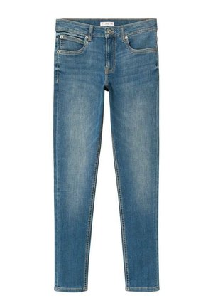 Blå slim-fit denim jeans med fem lommer, bæltestropper, frontknap og lynlåslukning, der viser let falmning på lår og knæ.