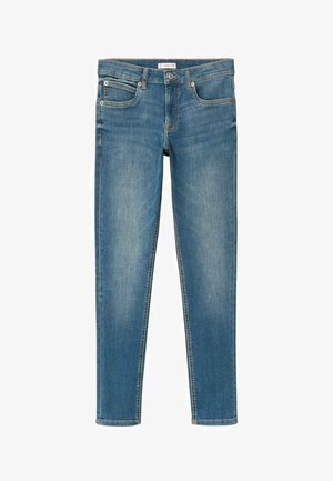 Niebieskie jeansy slim-fit wykonane z denimu, z pięcioma kieszeniami, szlufkami na pasek, z przodem na guzik i suwak, z lekkim wyblaknięciem na udach i kolanach.