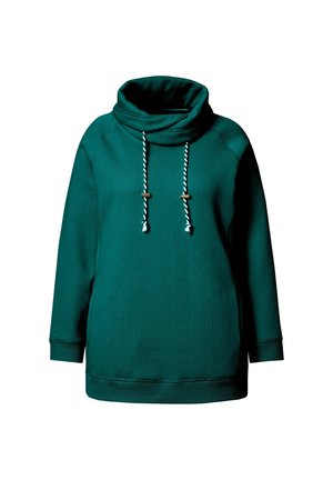 Teal sweatshirt met een kraag, voorzien van witte en teal trekkoorden en houten accenten. Gemaakt van zachte stof met een relaxte pasvorm.